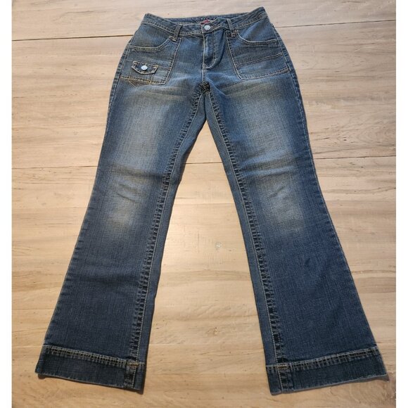 Gitano Flared Jeans Boho Blue Denim Flap Button Pockets Unique Womens 10 EUC - Picture 2 of 12